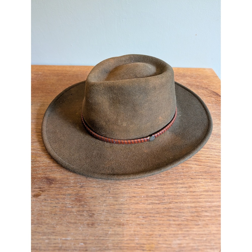 Schnee's Men's Olive Green Wool Felt Outdoor Fedora Hat Medium Distressed